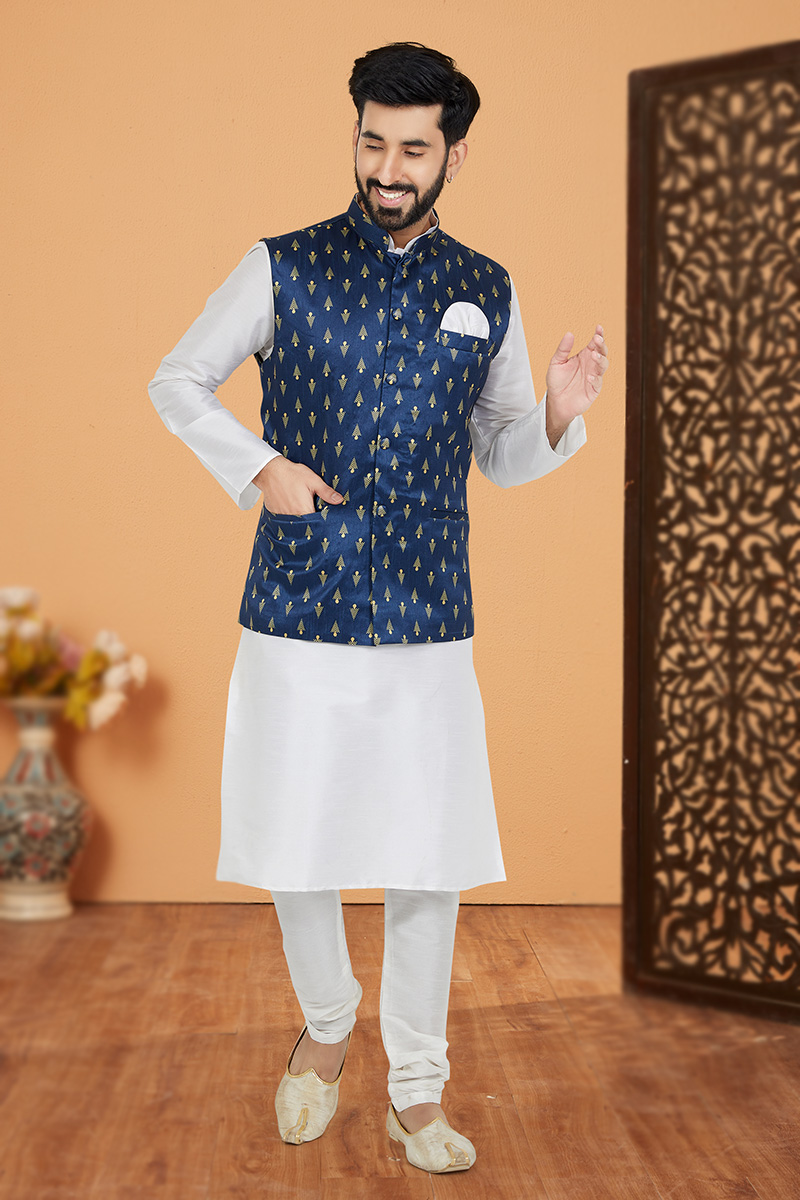 Dupion Silk White Jacket Style Printed Men s Kurta Churidar MKPA04924