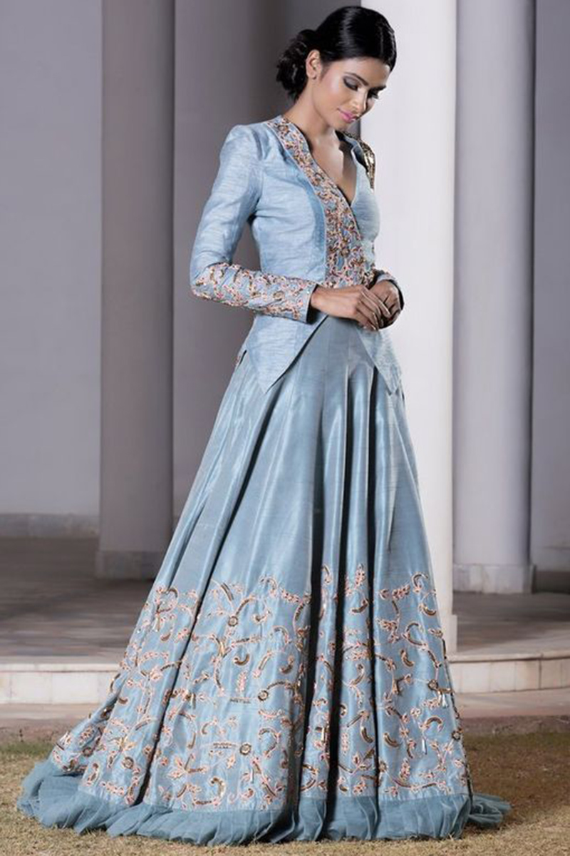 Dusty Blue Art Silk Jacket Style Embroidered Lehenga LLCV114005