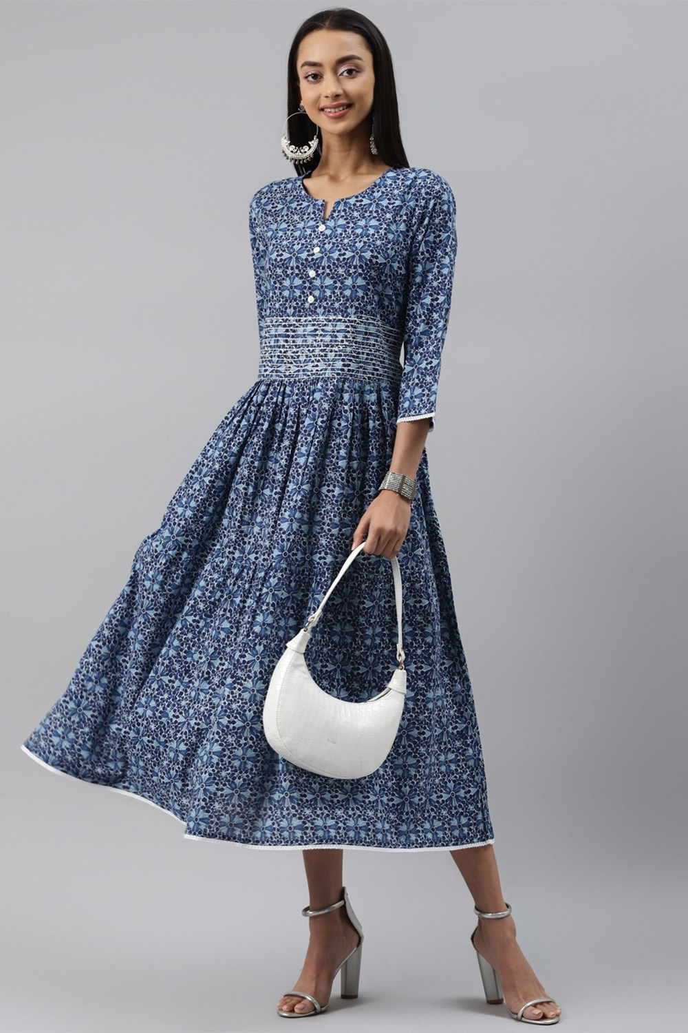 Dusty Blue Cotton Dress With Printed Work For Casual Wear - LKV004527 Dusty Blue Cotton Dress With Printed Work For Casual Wear - LKV004527
