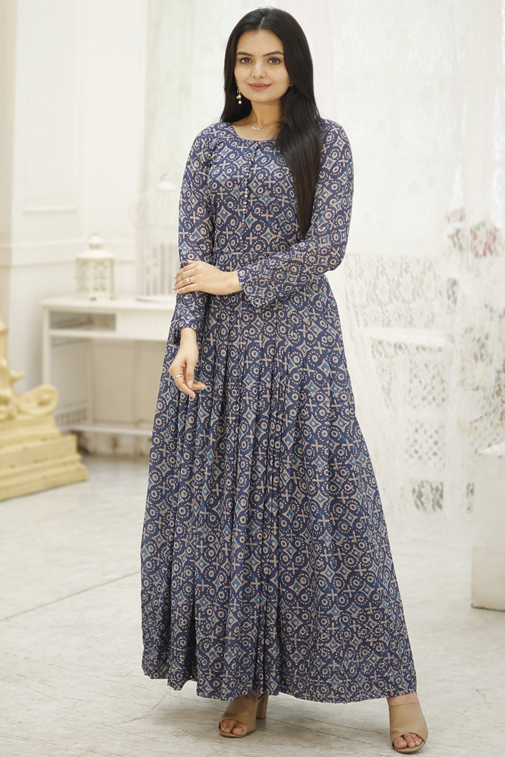 princess polly baby blue dress Dusty Blue Georgette Printed Casual Wear Gown LSTV134453