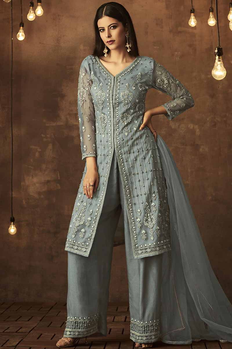 dusty blue pant suit