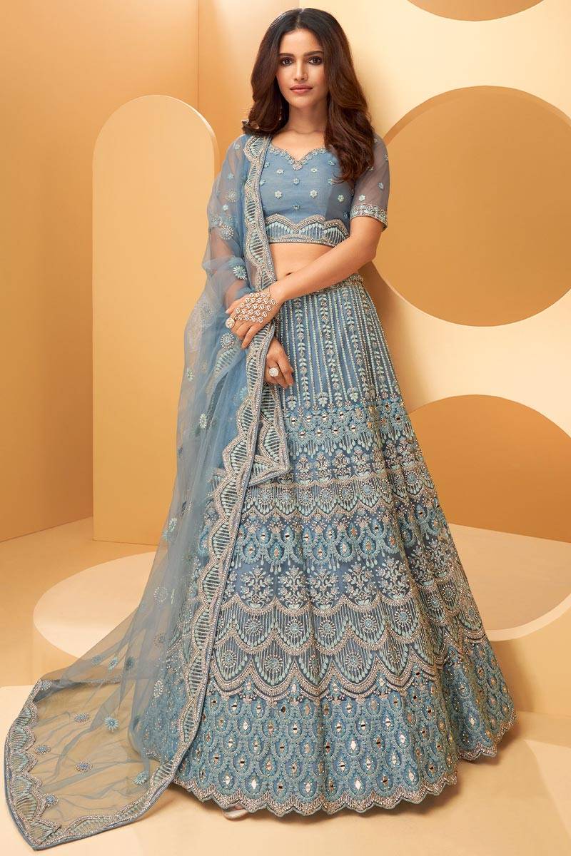 dusty blue indian dress Buy Traditional Wear Net Lehenga LLCV110209 ice blue pakistani wedding dresses