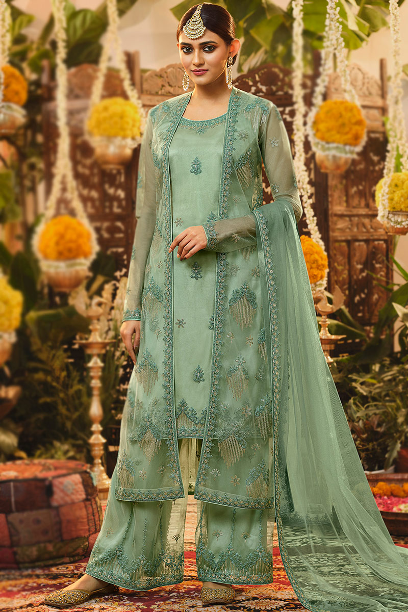 Dusty Green Embroidered Net Jacket Style Palazzo Suit LSTV126650