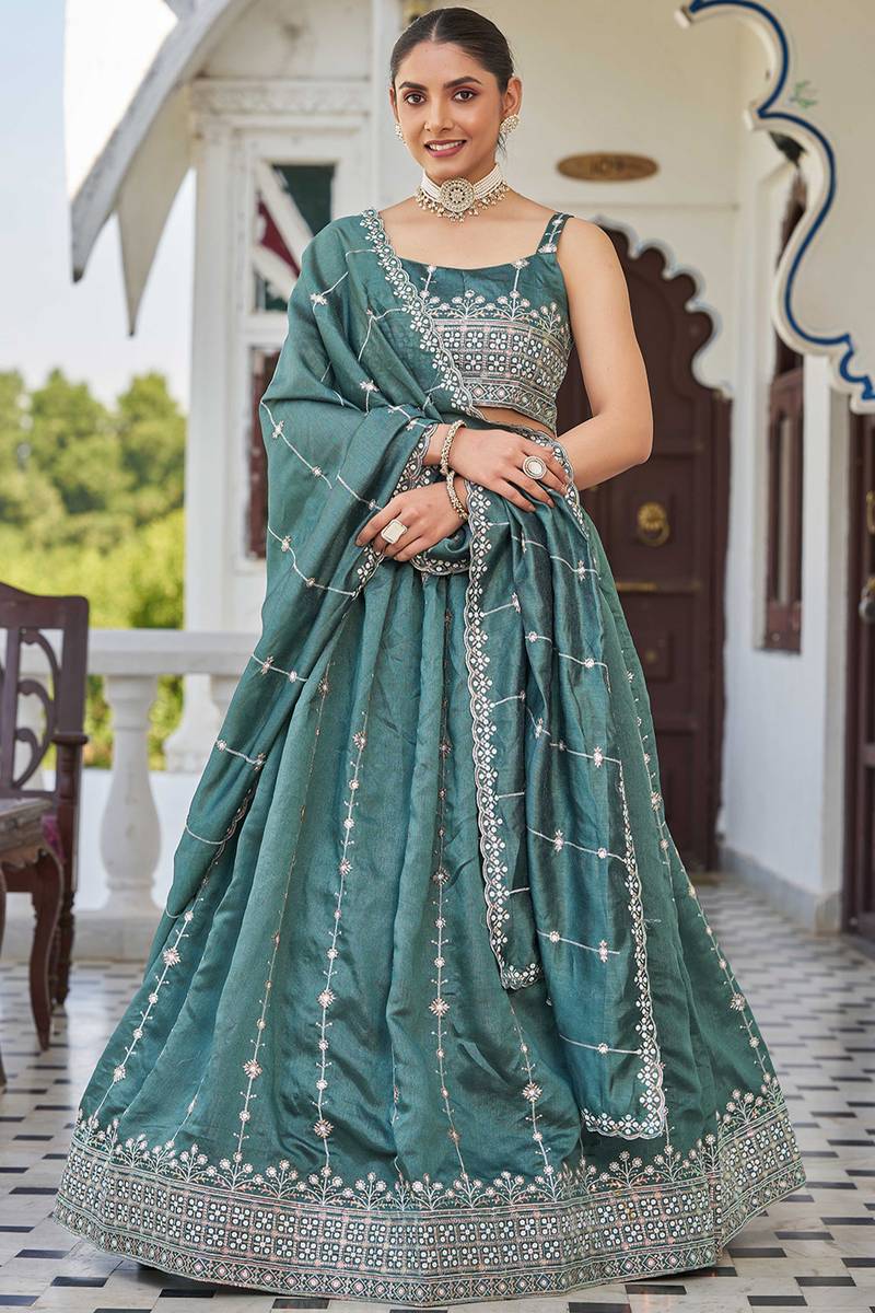 Dusty Green Art Silk Lehenga With Zari Work For Diwali