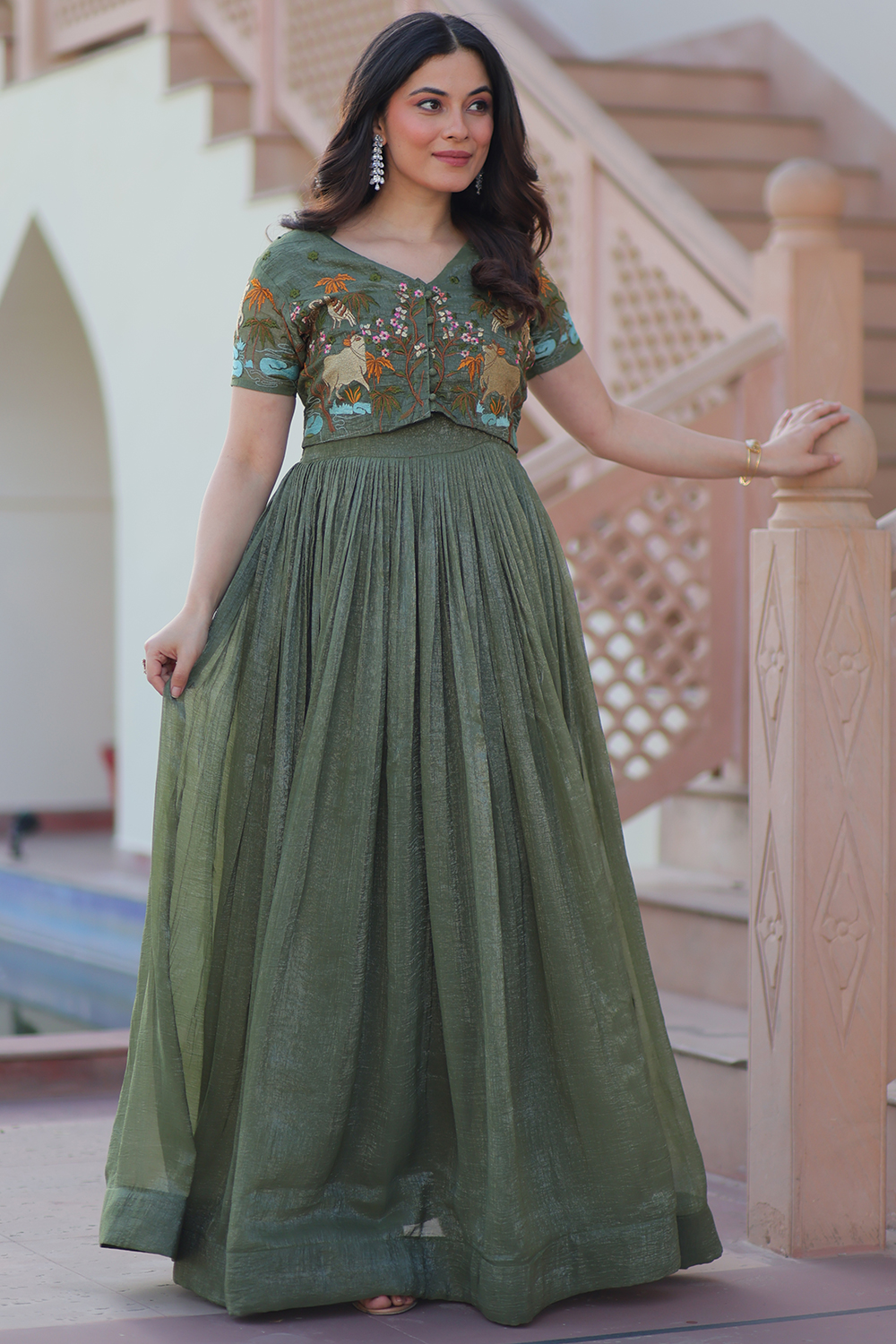 Andaaz Fashion Women's Dusty Green Tissue Gown With Embroidered Jacket