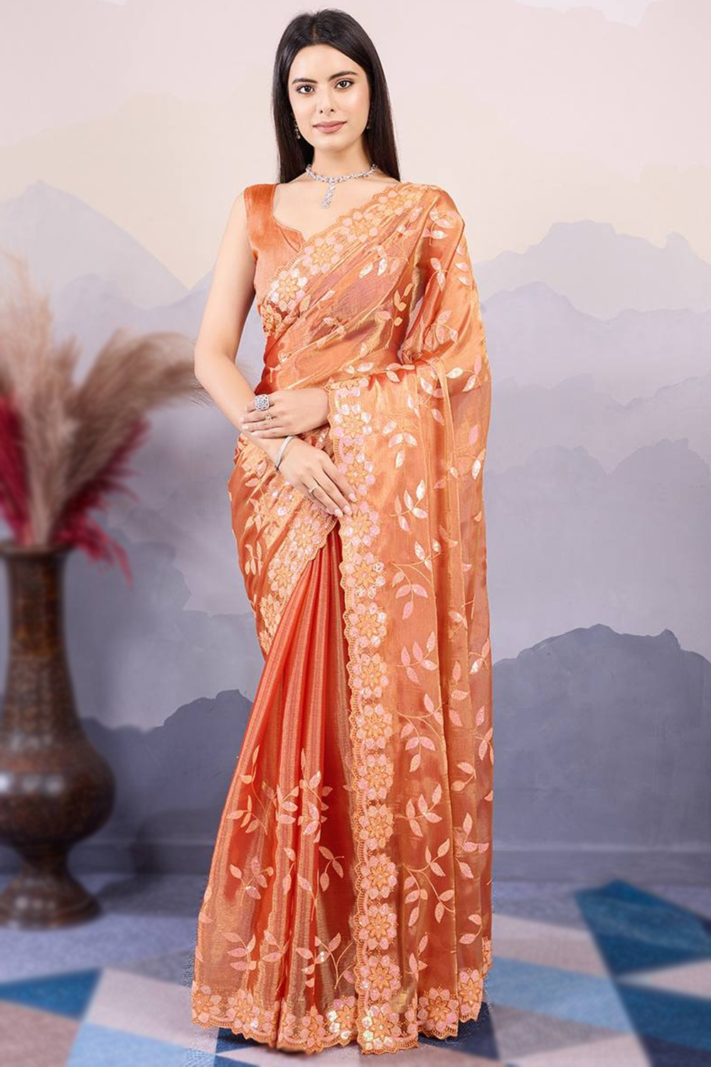 Orange Raw Silk Ethnic Saree. Embellish Paisley Pattern Zari Butti Sari. Wedding Party || Evening Wear || good Women Dress