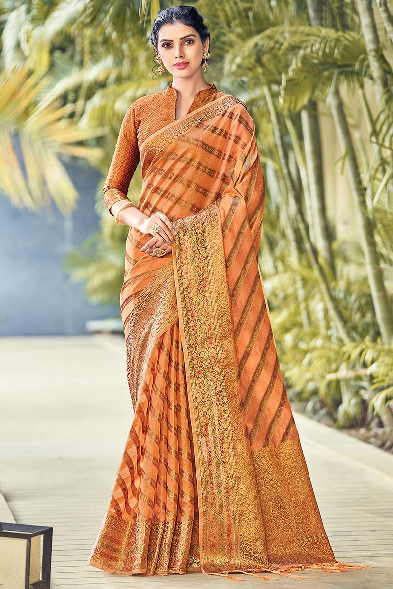 Dusty Orange Silk Indian Traditional Saree