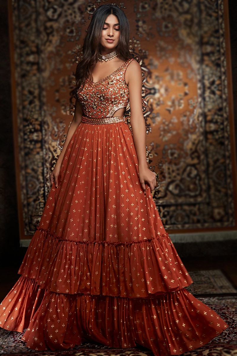 Dusty Orange Crepe Embroidered Party Wear Anarkali Suit LSTV129706