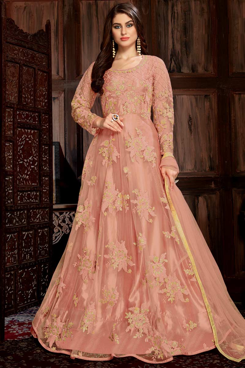 Peach Readymade Anarkali Gown Salwar Suit Pakistani Dress, Indian Wedding Party Wear Embroidery Suit | Ready selling to Wear Anarkali Salwar Kameez