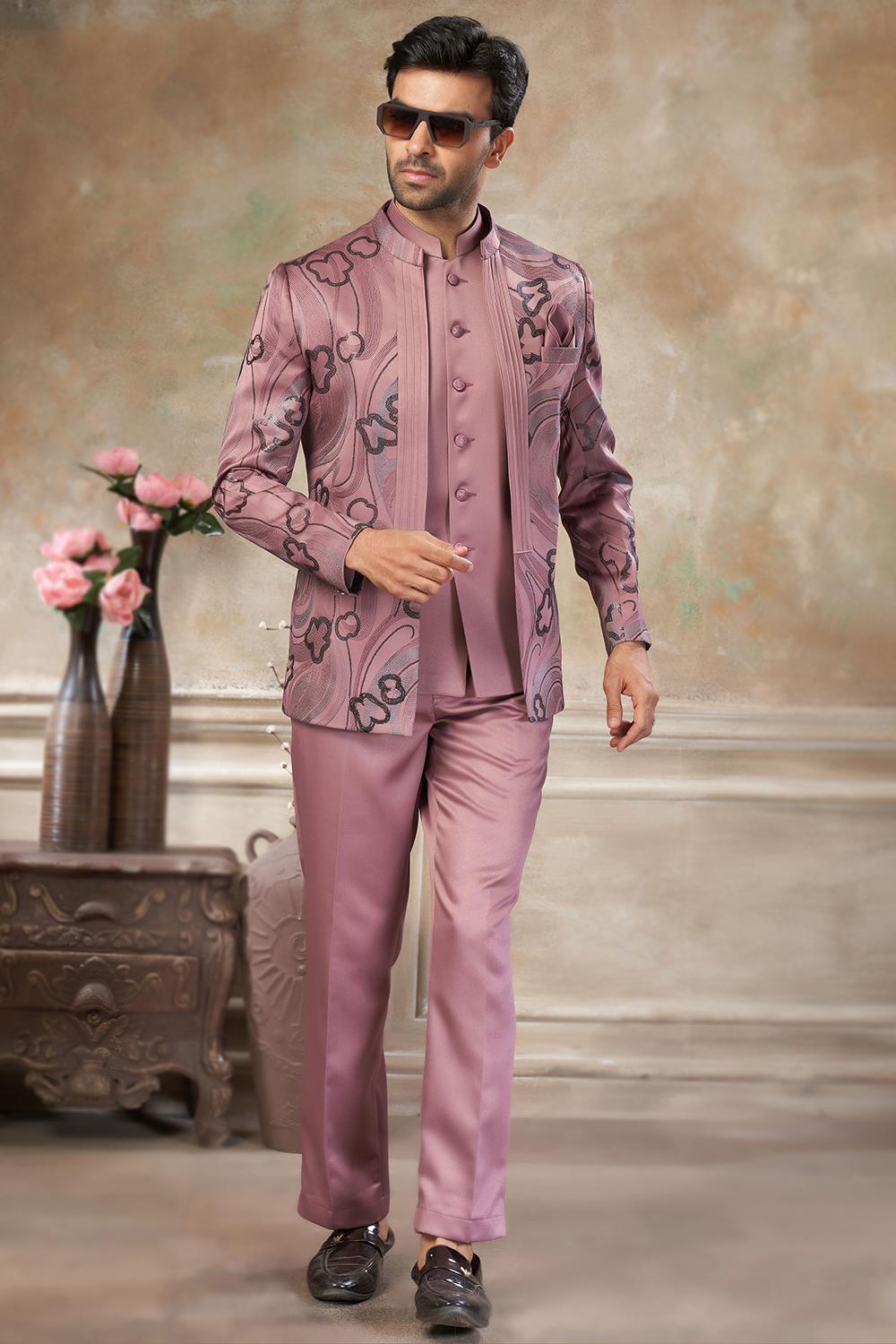 Dusty Pink Art Silk Men's Suit With Embroidered Jacket For Wedding