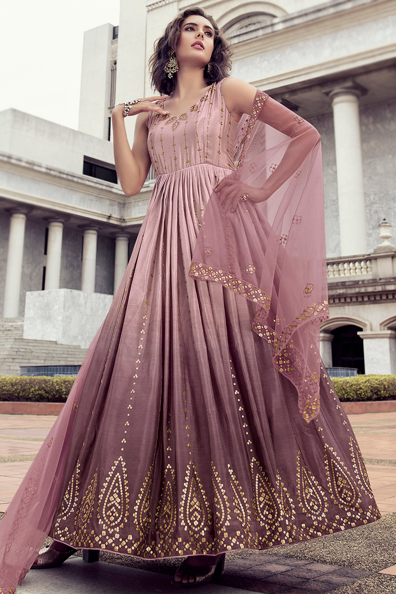 strapless open back dress Light Pink Anarkali Salwar Suit Embellished in Floral Embroideries with  Dupatta main image 0