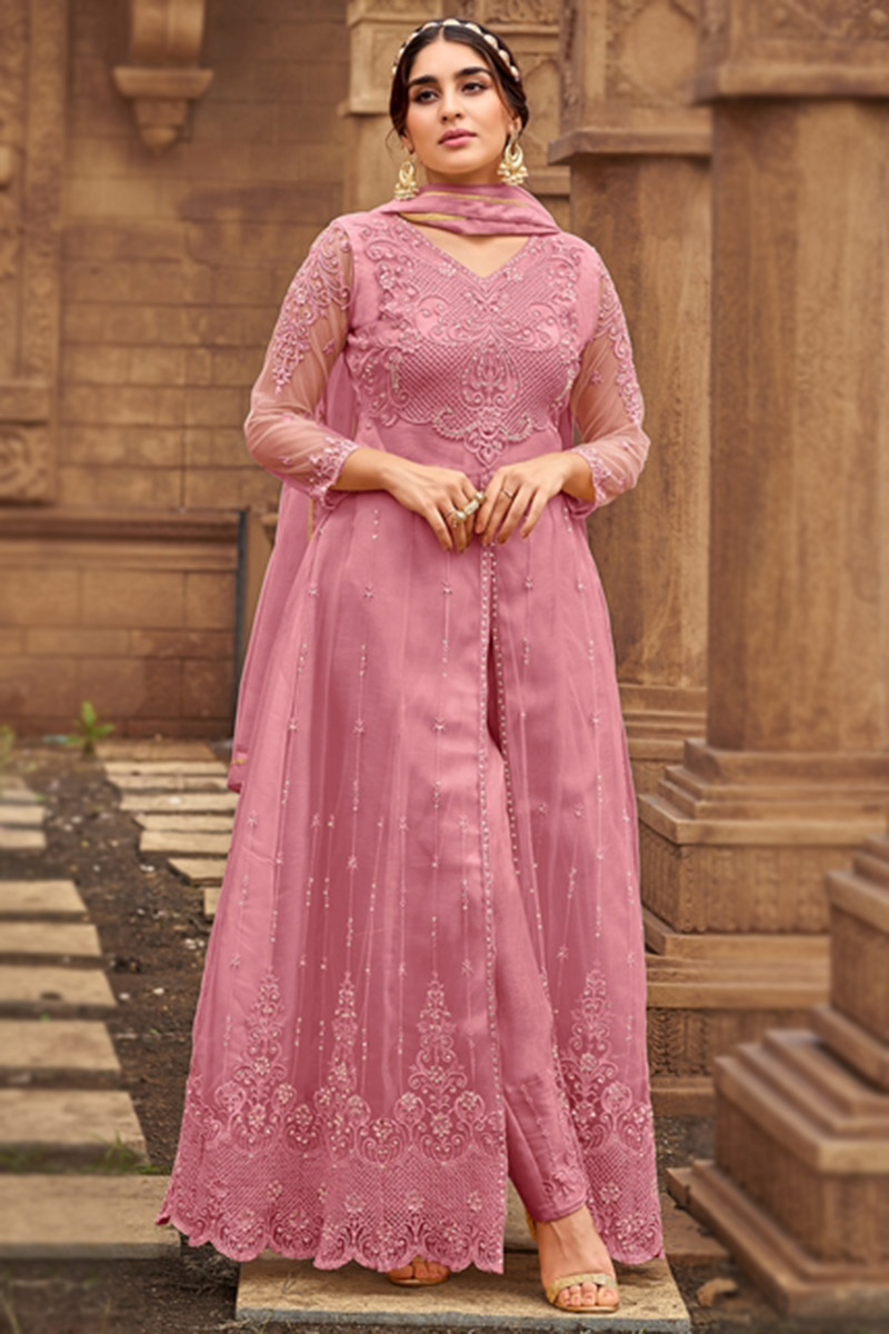 Fashion Outfits Anarkali Suit in Dusty Pink Embroidered Fabric