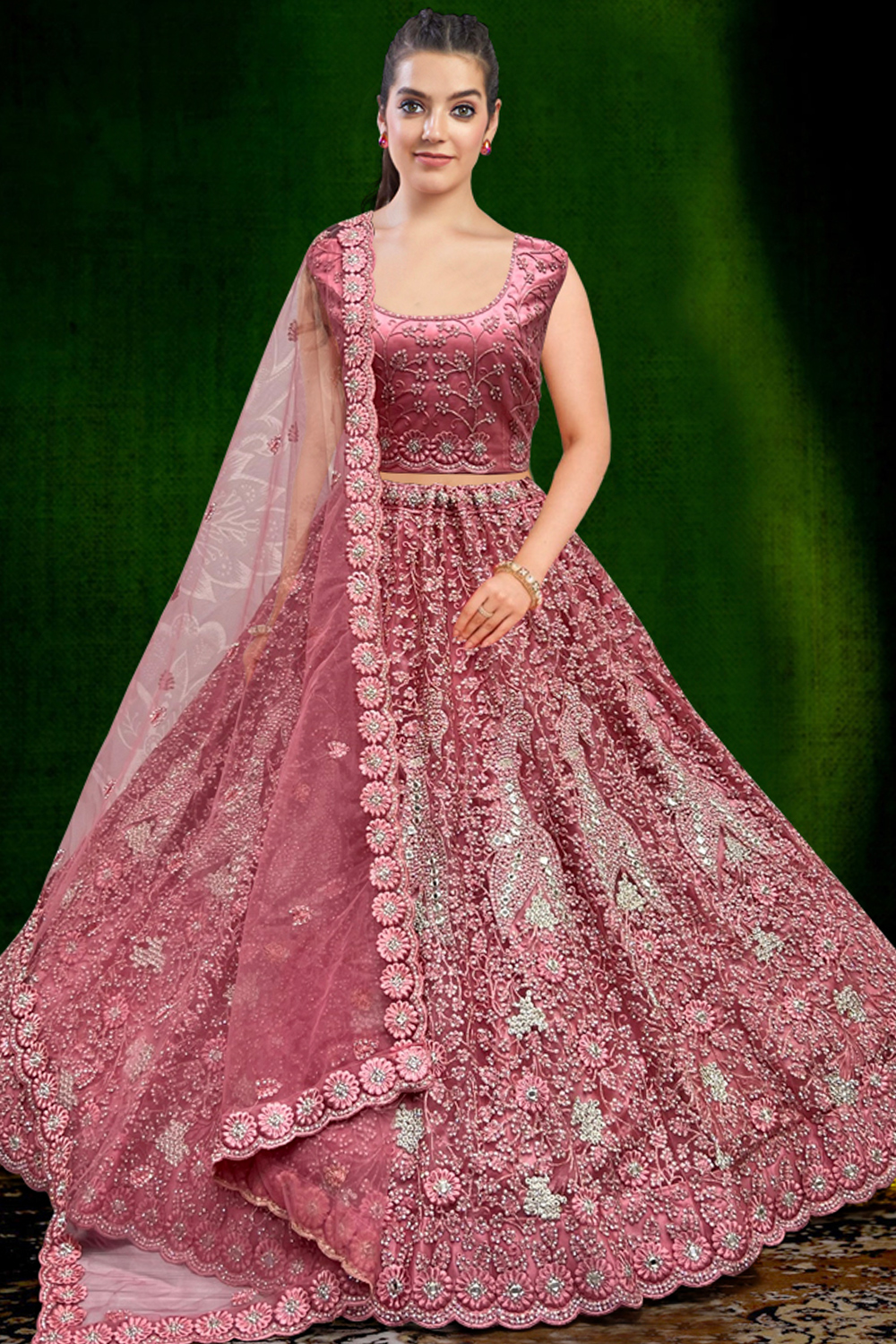 Dusty Pink Net Panelled Lehenga With Zari Work For Festival - LLCV122630 Dusty Pink Net Panelled Lehenga With Zari Work For Festival - LLCV122630
