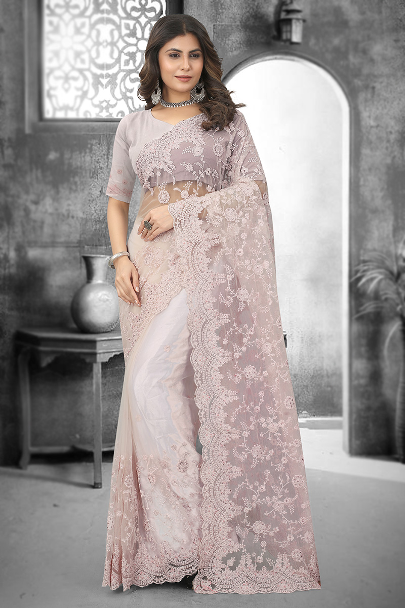 Dusty Pink Net Saree with Resham Stone and Thread Work Blouse Set