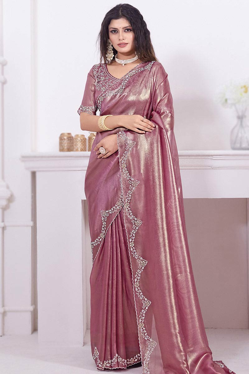 Dusty Pink Stone Embellished Shiny Organza Saree SARV175065