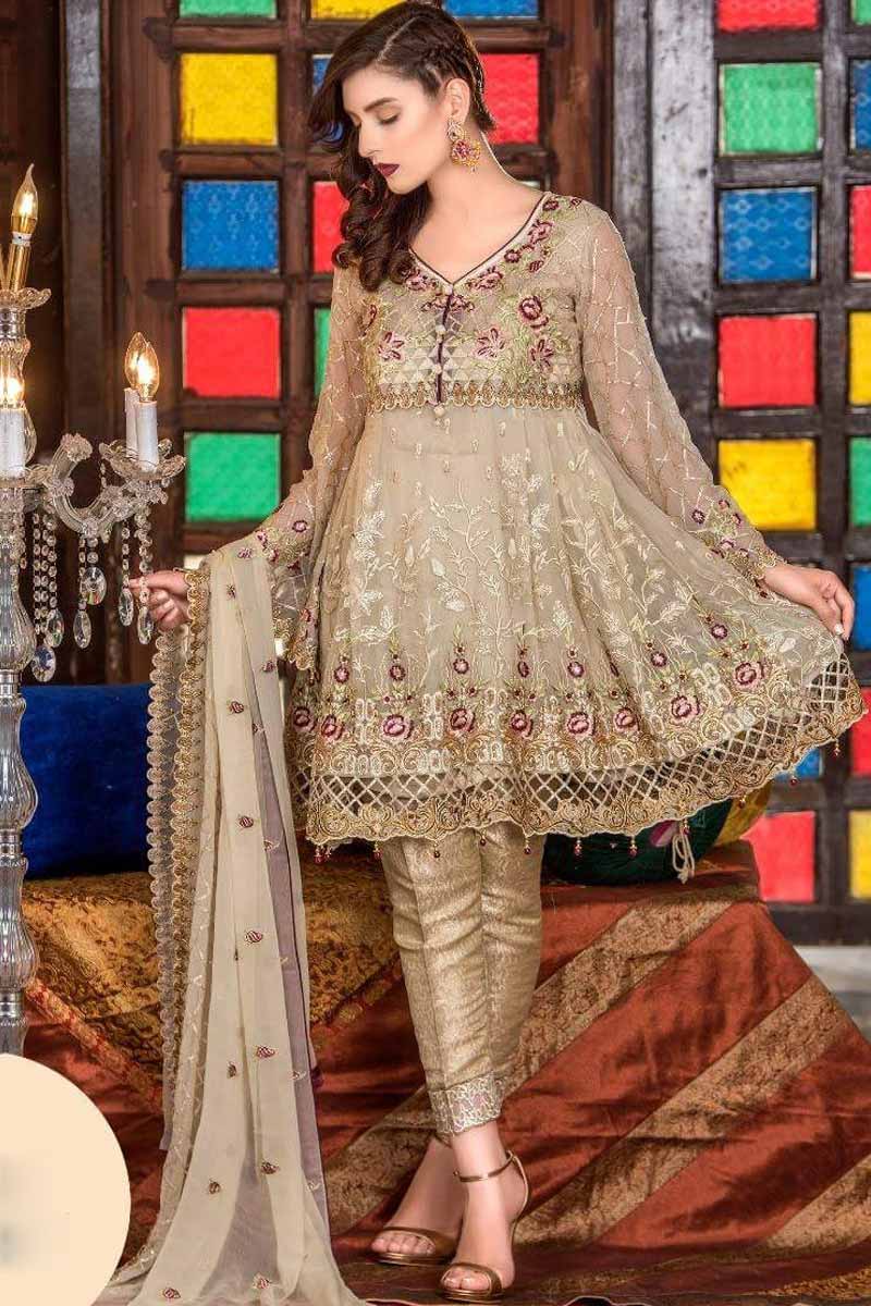 Embroidered Chiffon Cream Frock Style Suit