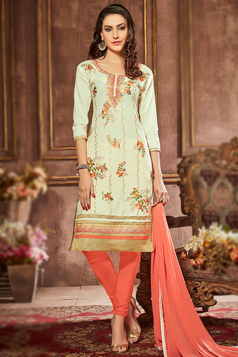 Embroidered Cotton Cream Churidar Suit