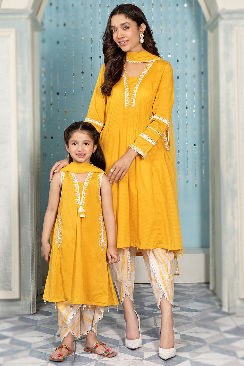 Buy Embroidered Cotton Silk Turmeric Yellow Mother Daughter Duo Tulip Pant Suit LSTV118873