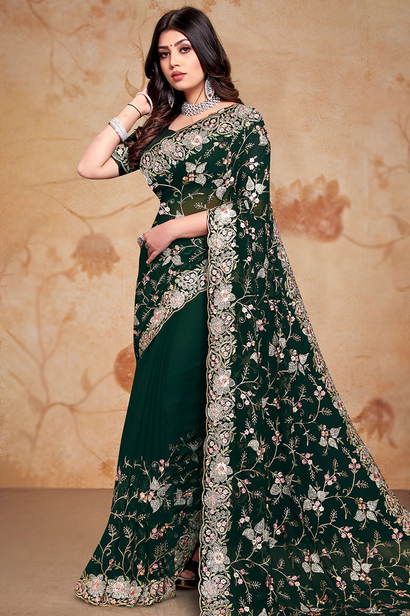 Embroidered Dark Emerald Green Georgette Heavy Saree SARV173603