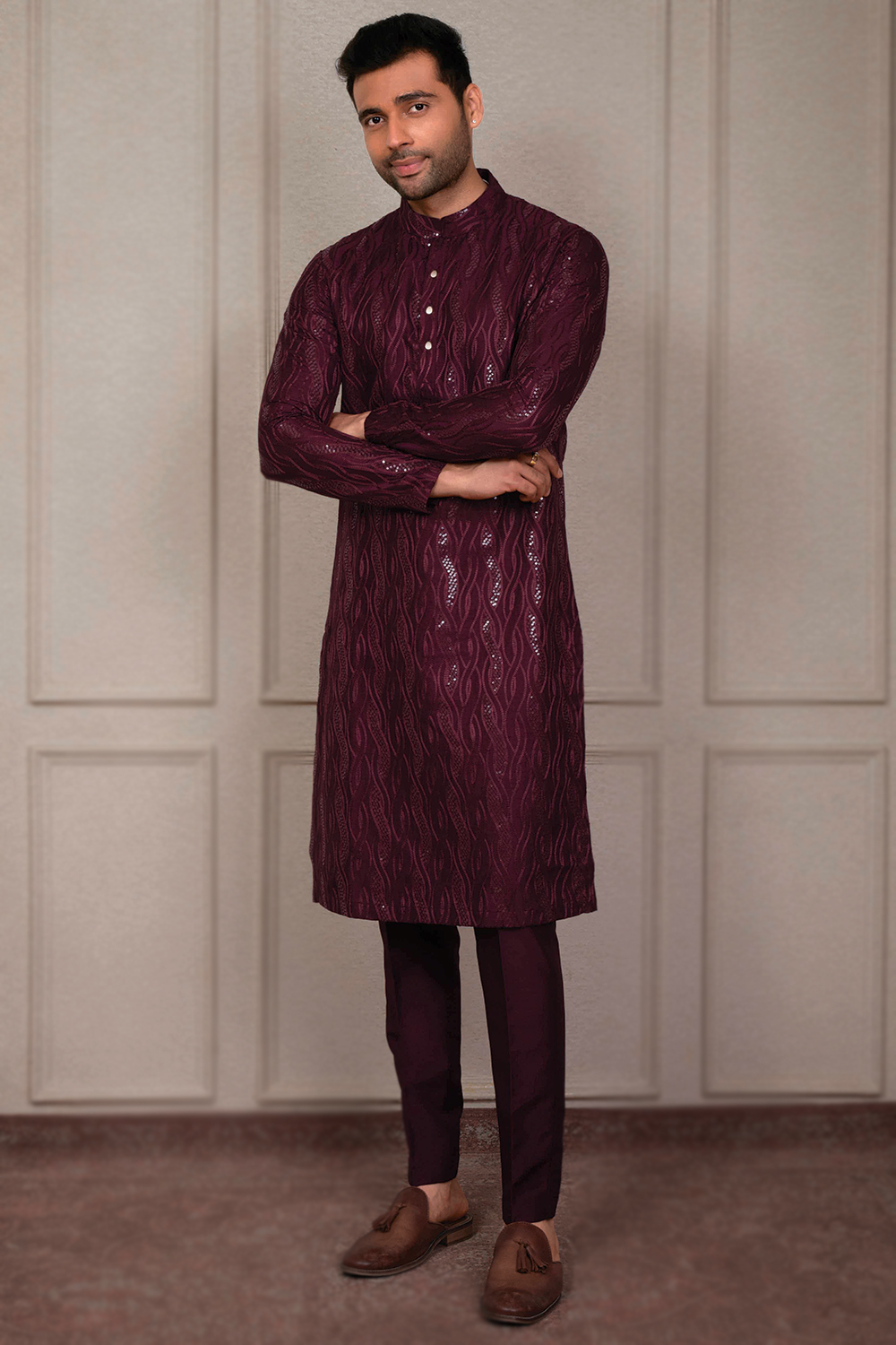 Embroidered Dark Maroon Silk Straight Cut Men's Kurta Pajama MKPA07664