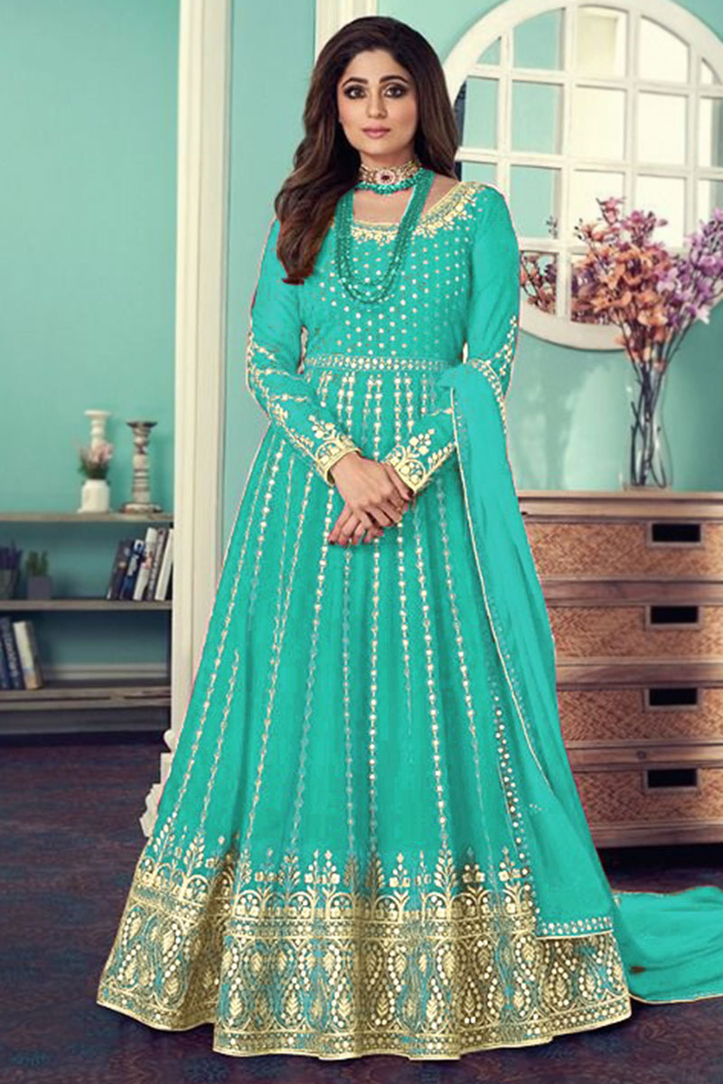 Andaaz Fashion Women's Embroidered Georgette Aquamarine Blue Anarkali Suit for Wedding & Party