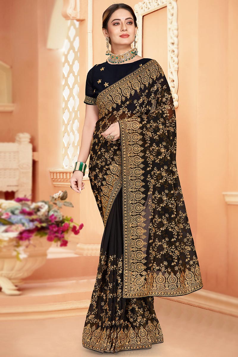 Stone Work Party Wear Saree in Black Georgette