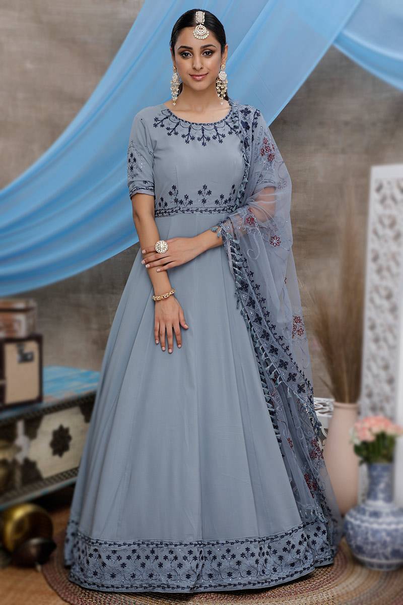 bluish grey dress Wholesale Embroidered Georgette Gown LSTV117725 Web Collection: Staples