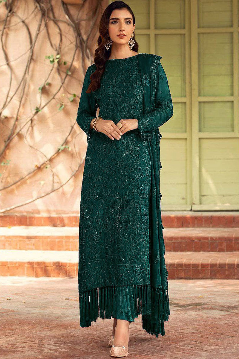 green emerald velvet dress Luxury Embroidered Bottle Green Cotton Dress with Bamber Chiffon Dupat –  DressyZone.com main image 0