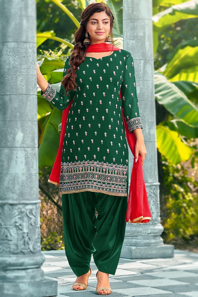 Wedding Boutique Embroidered Georgette Dark Green Patiala Suit LSTV119476