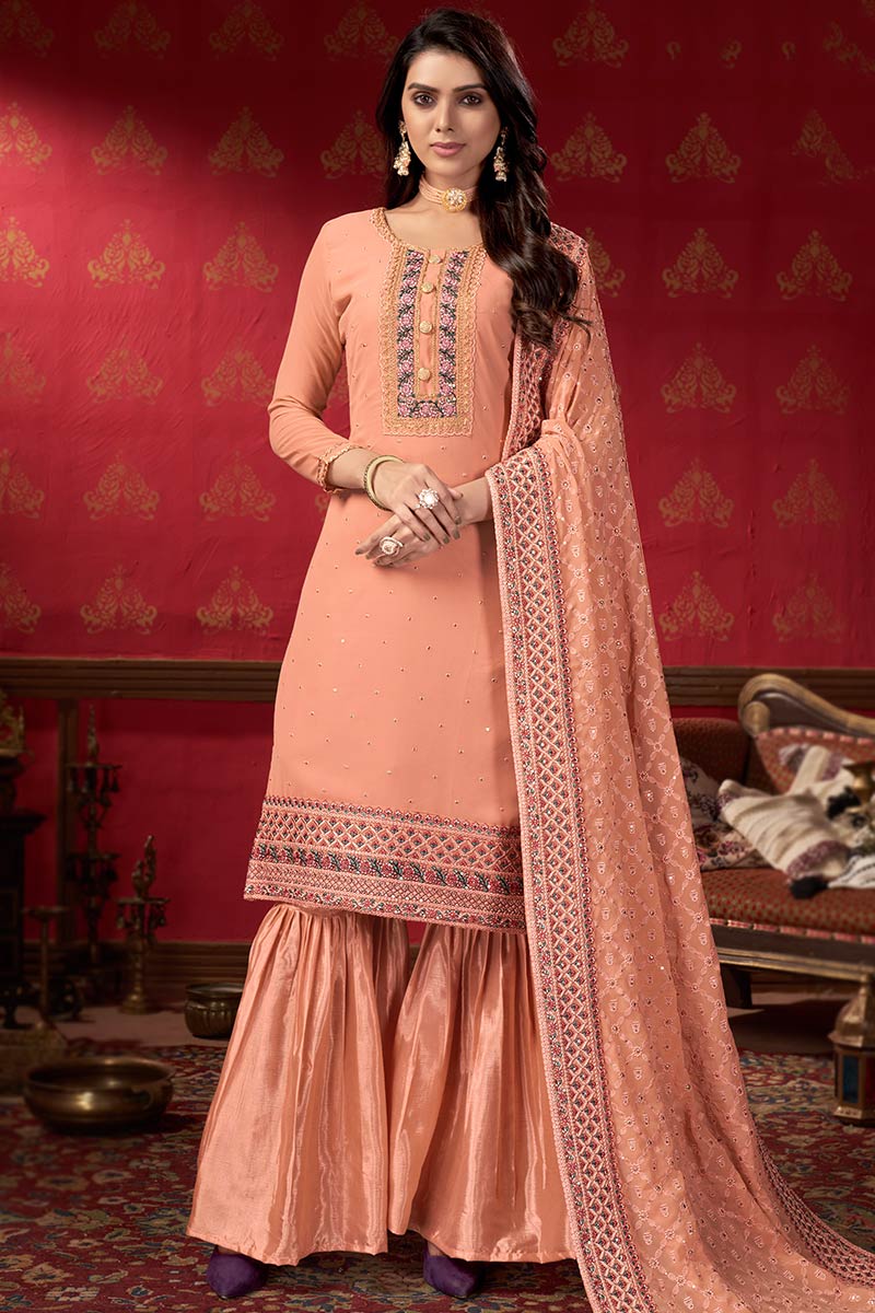 Regular Adoring Peach Georgette Sharara Set for Home, Wedding and Any Kind store of Function 2022