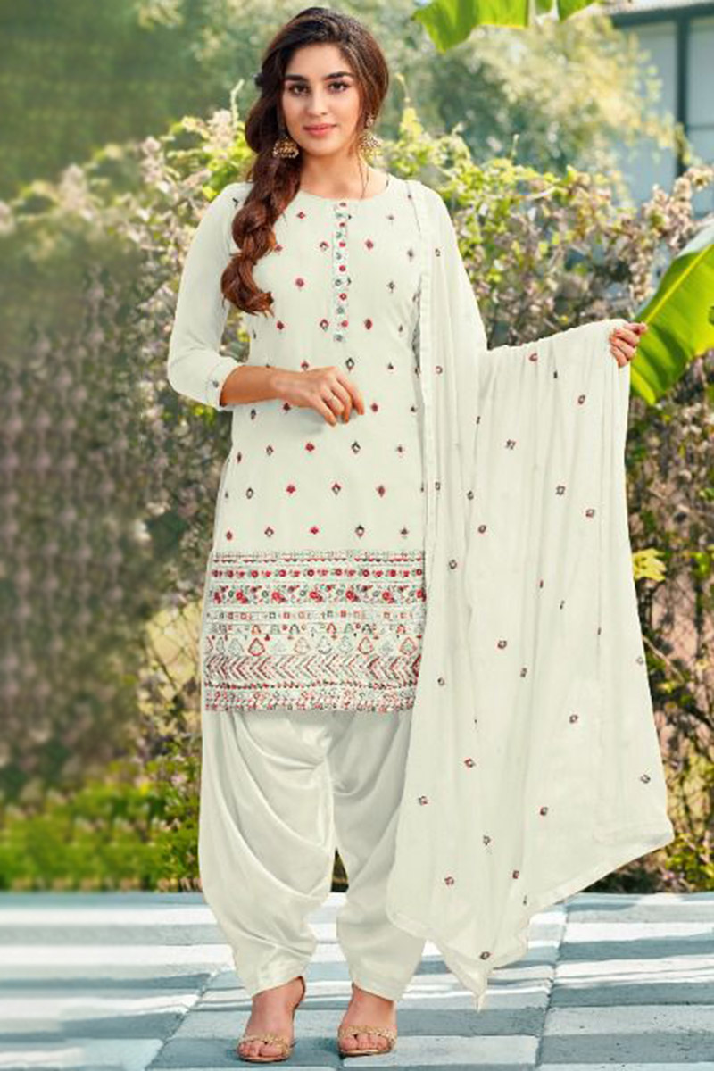 Stylist Embroidered Georgette White Patiala Suit LSTV119440