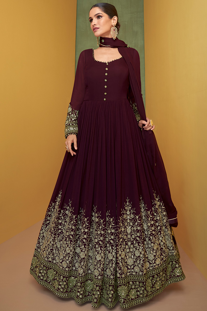 Wedding Party Wine Maroon Net Designer Anarkali Suit