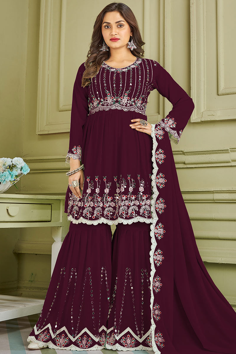 Special Occasion order Party Wear Stylish Sharara Palazzo Suits Ready to Wear Beautiful Embroidery Worked Georgette Salwar Kameez Dupatta Dresses