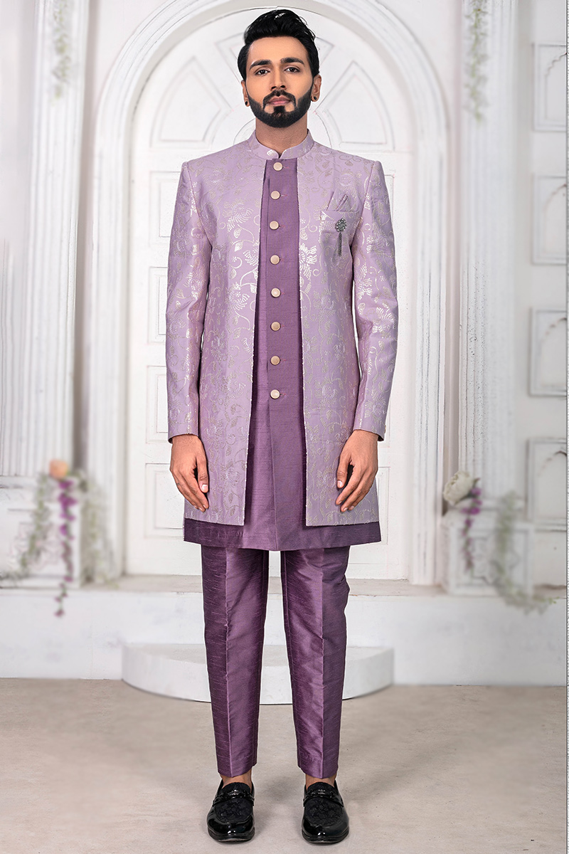Embroidered Lavender Purple Silk Men's Jacket Style Sherwani MSTV02897