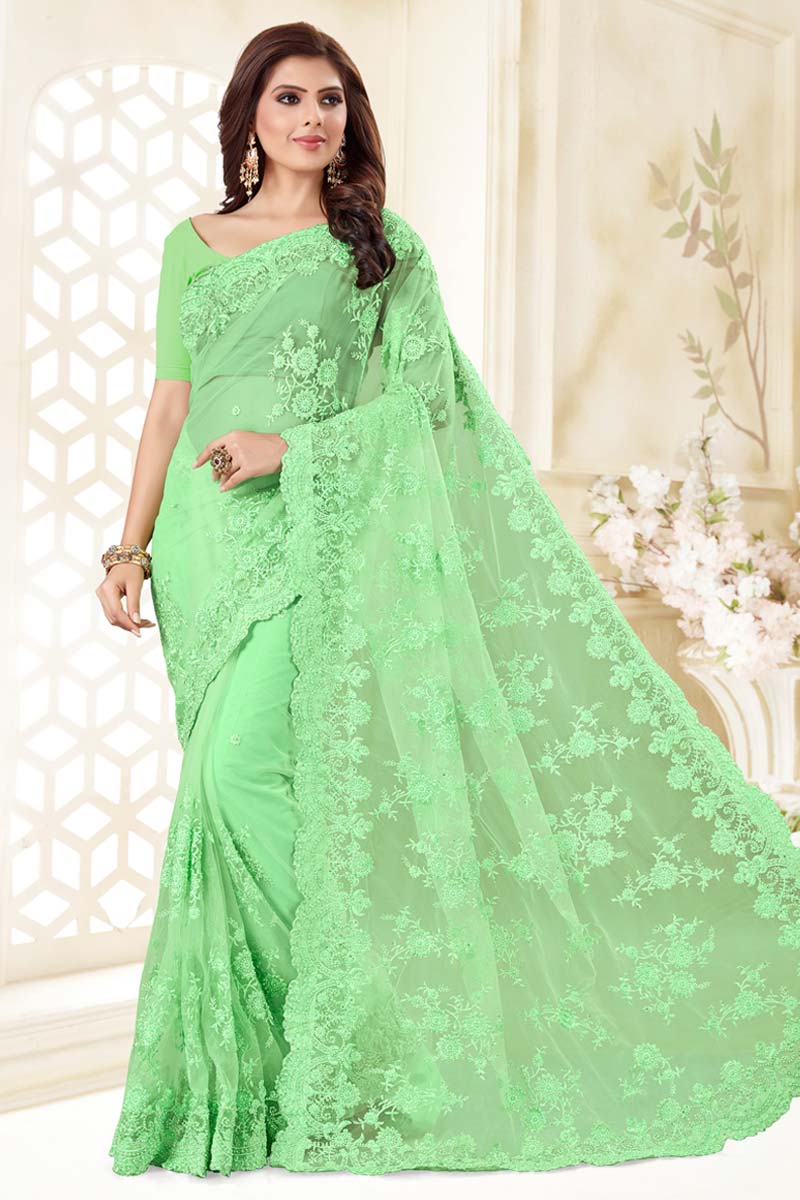 Soft Net Light Green Saree Embroidery & Diamond Atteched Work outlets With Blouse Festival/Function/Anniversary/Birthday/Party Were/For Woman/Gifts.