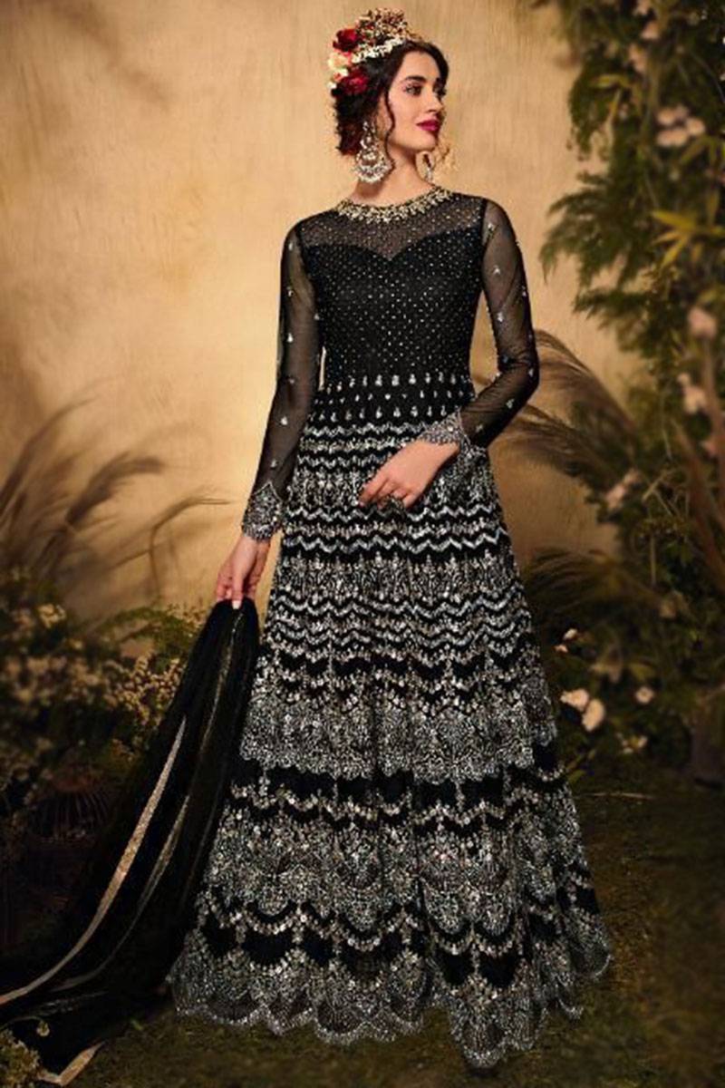 Embroidered Net Black Anarkali Suit LSTV116641
