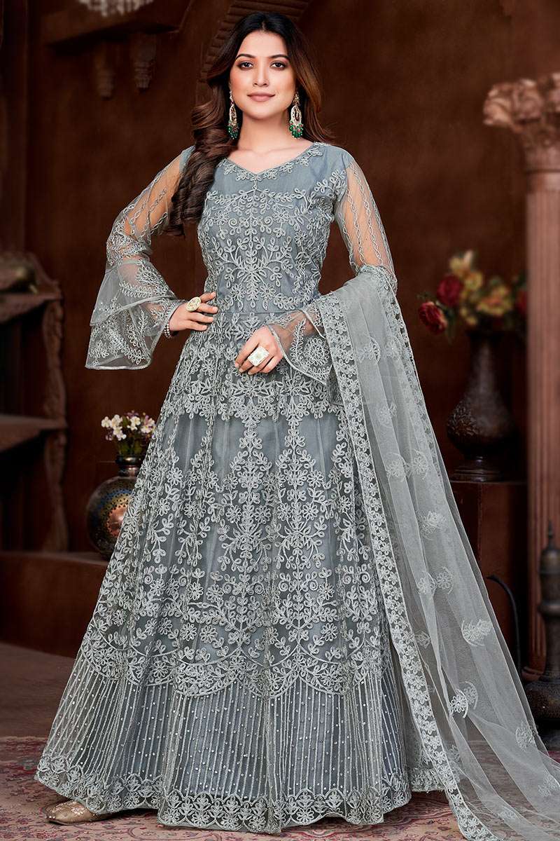 Embroidered Net Dark Grey Anarkali Suit