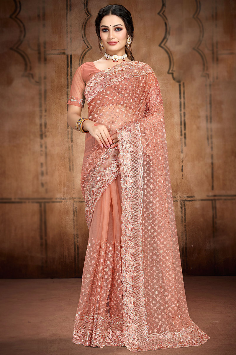 Peach Cocktail Wedding Beautifully Net Saree Designer Net Heavy Stone Pearl Beads Work Sari Indian Ethnic Occasional Wedding on sale Party Sari Top