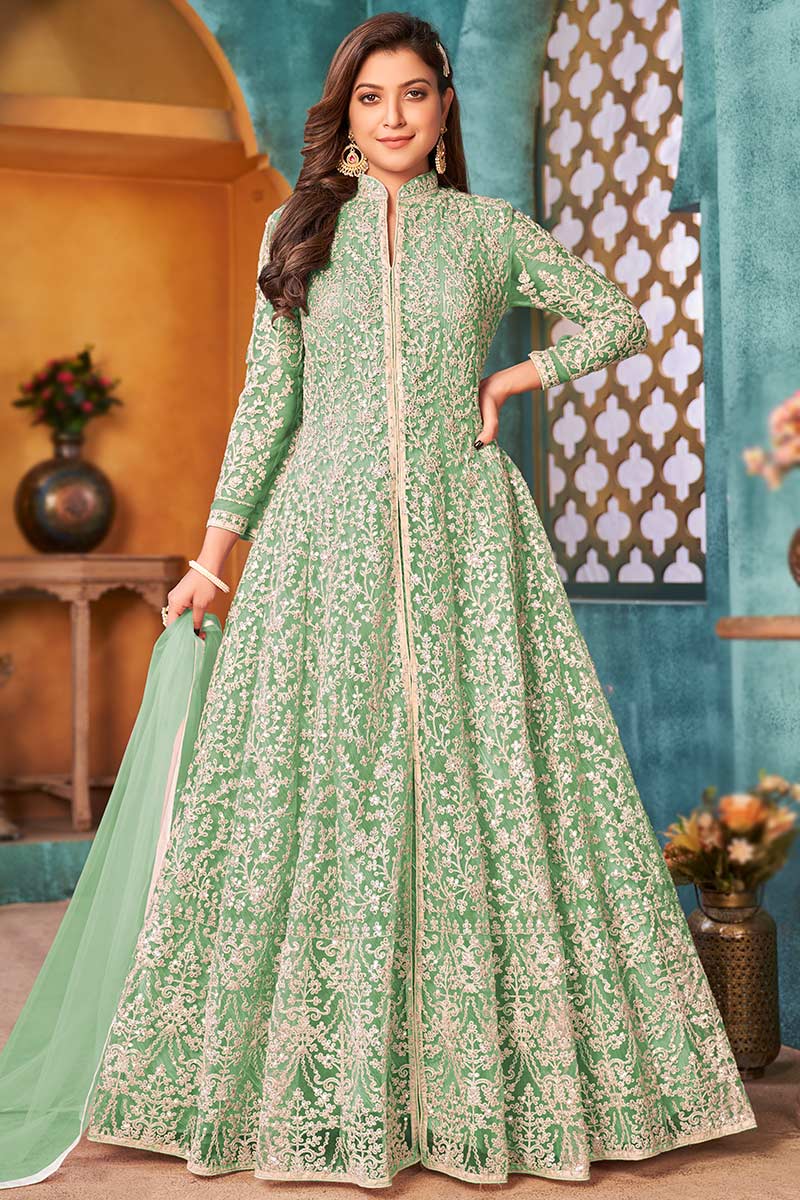 Andaaz Fashion Women's Embroidered Net Mint Green Wedding Anarkali Salwar Kameez