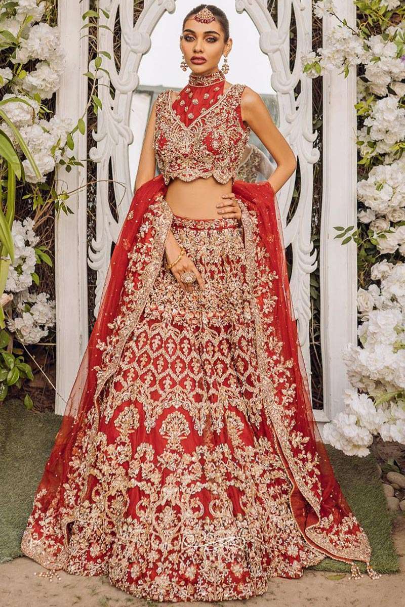 Red A Line Bridal Wear Lehenga in Net