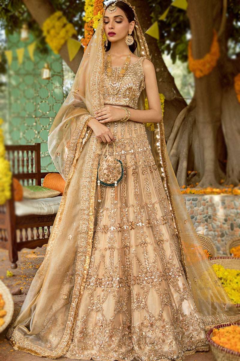 Embroidered Organza Gold Lehenga LLCV114963