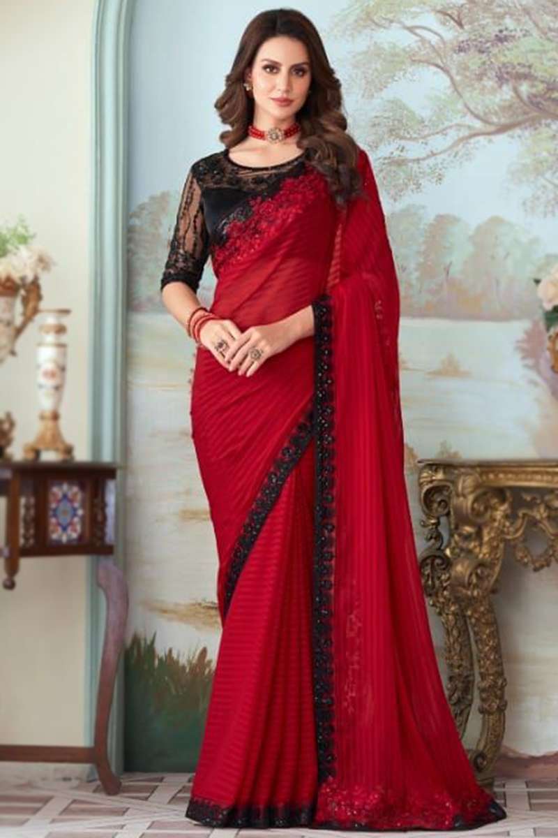 Saree in Organza Red with Lace Embroidery for Wedding 