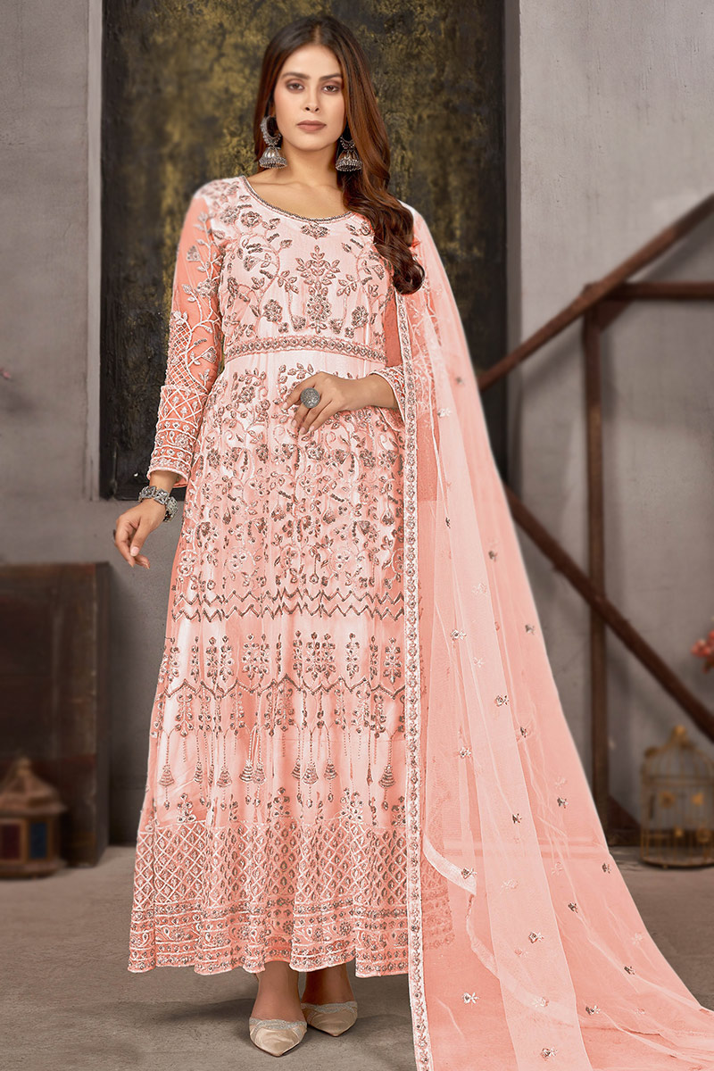 Discount Online Embroidered Peach Anarkali Suit LSTV120570