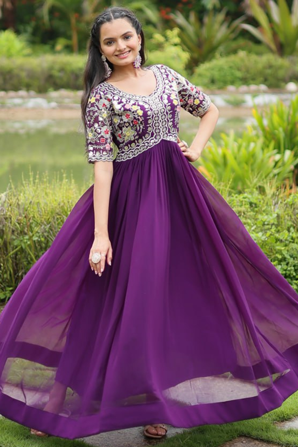 Embroidered Plum Purple Georgette Anarkali Style Gown