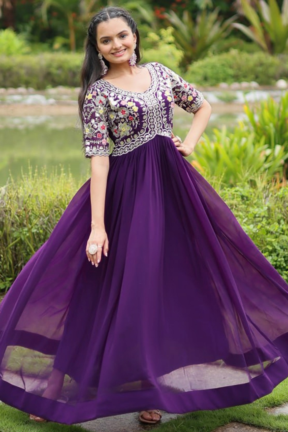 Embroidered Plum Purple Georgette Anarkali Style Gown LSTV130579 - Main Image