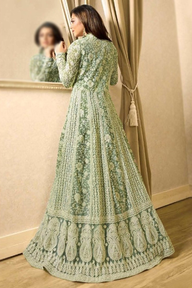 Andaaz Fashion Women's Floor Length Anarkali Suit in Santoon Pistachio Green for Diwali Party