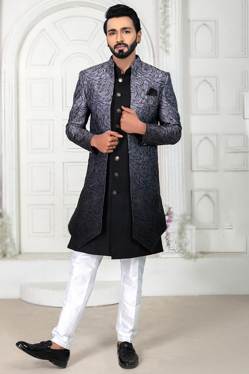 Embroidered Silk Black Straight Cut Men s Jacket Style Sherwani