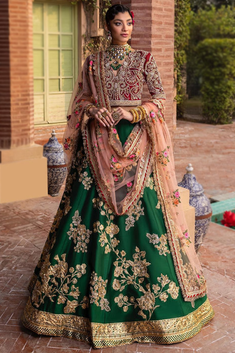 Buy Embroidered Silk Bottle Green LehengaLLCV113629