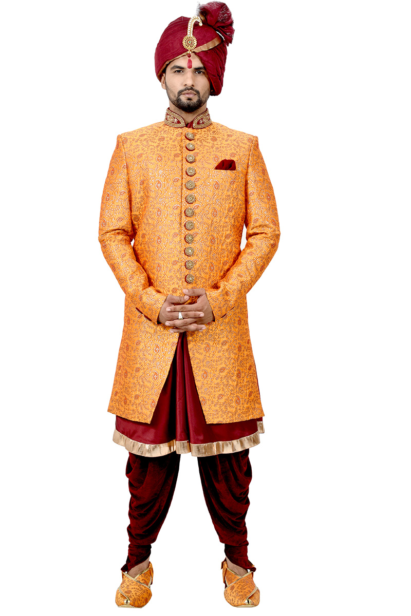 Orange sherwani for groom best sale