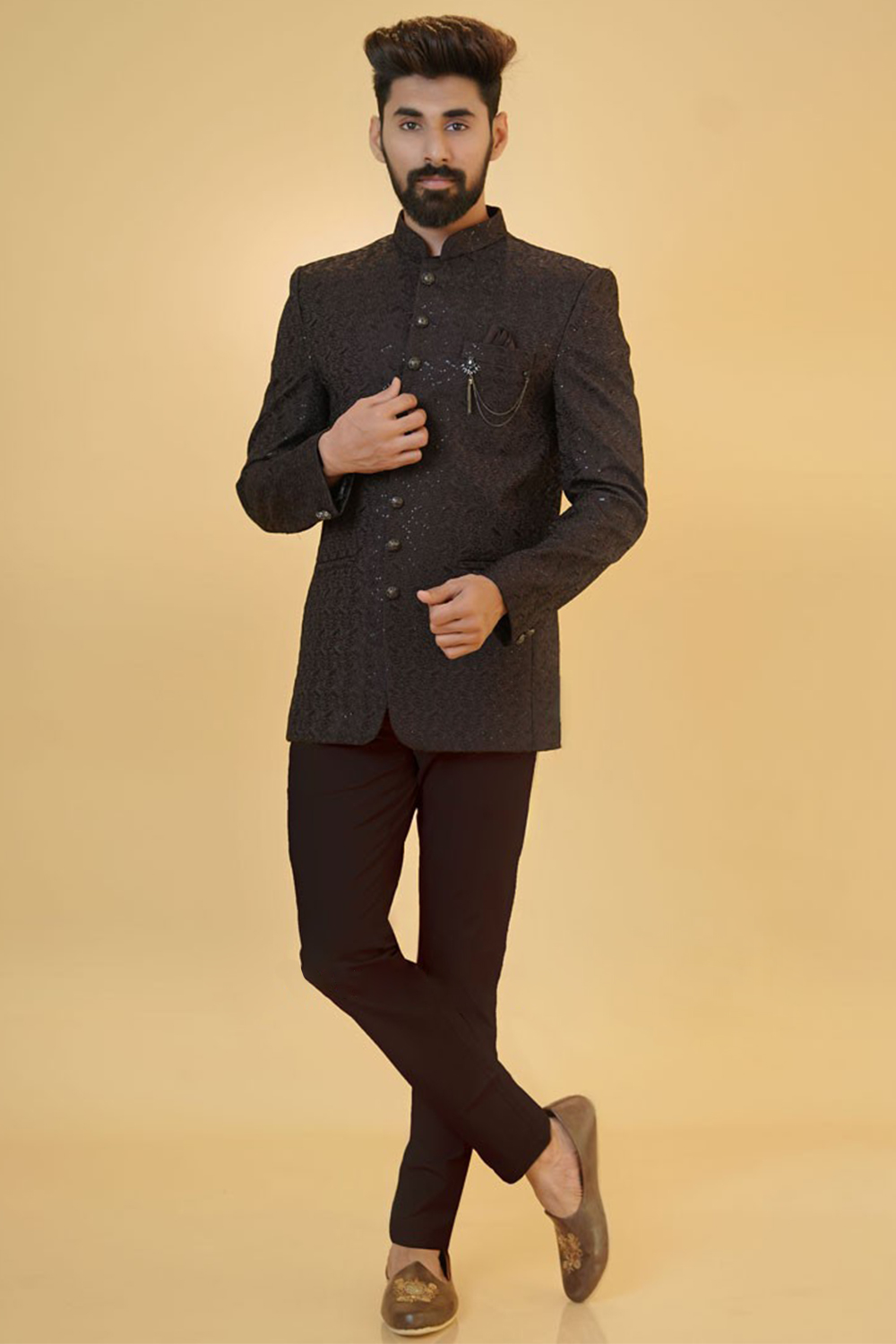 Dark Golden Pant Coat Embroidered Silk Men's Dark Brown Jodhpuri